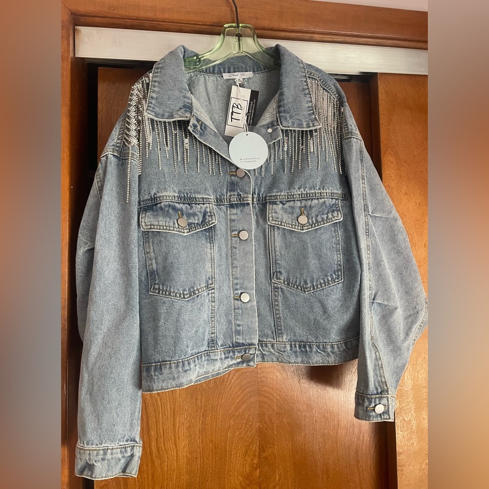 Rhinestone/sequin medium washed cropped trucker jacket